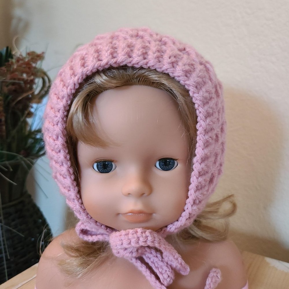 Baby Girl Hat BONNET knitted Acrylic Handmade Bulky Pink Size 5-10 Months